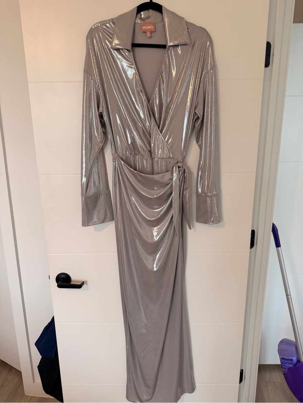 Show Me Your MuMu Silver Metallic Wrap Maxi Dress with Drape